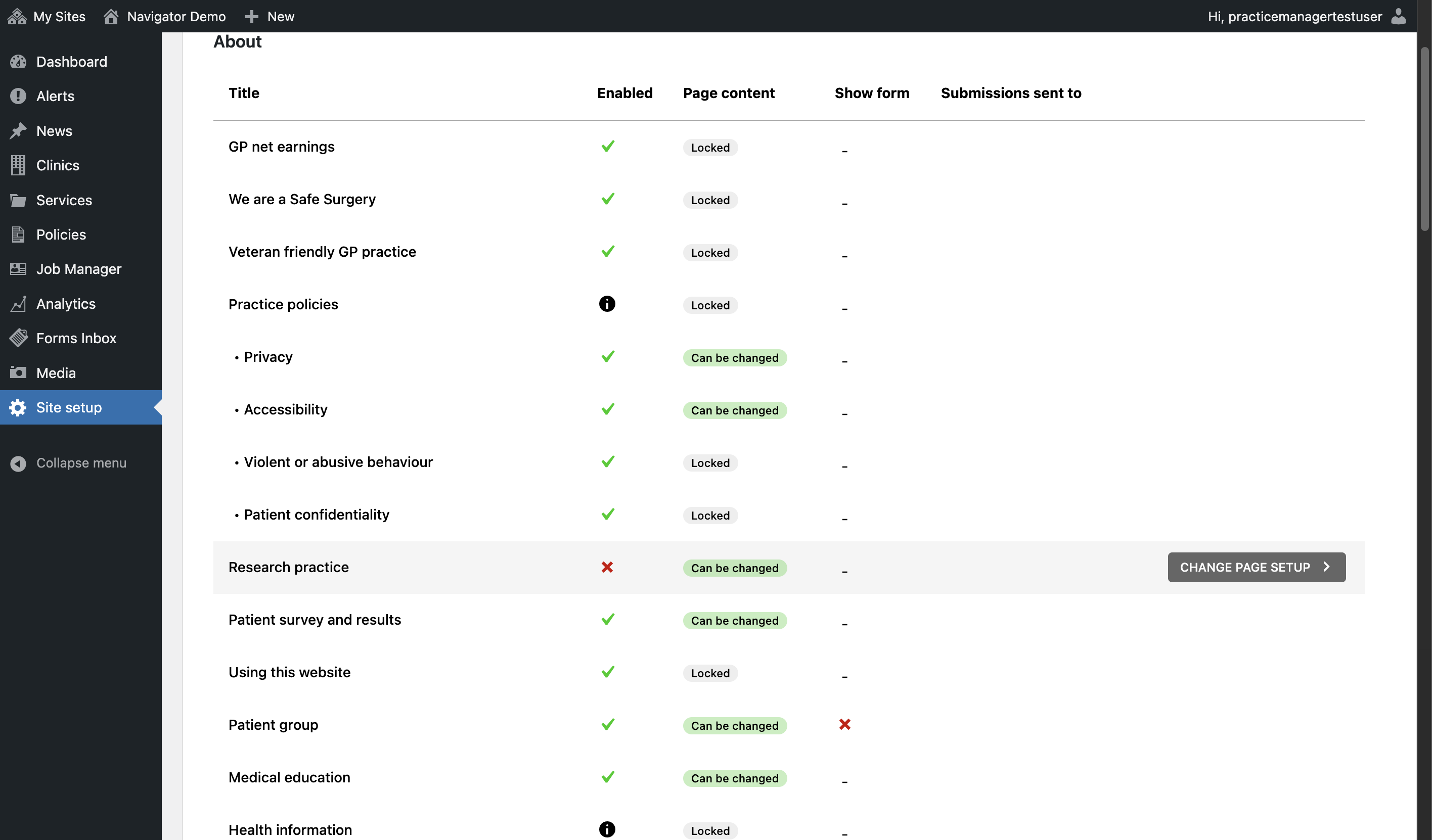 Site Setup in the Navigator Dashboard with the Research Practice page set as not visible.