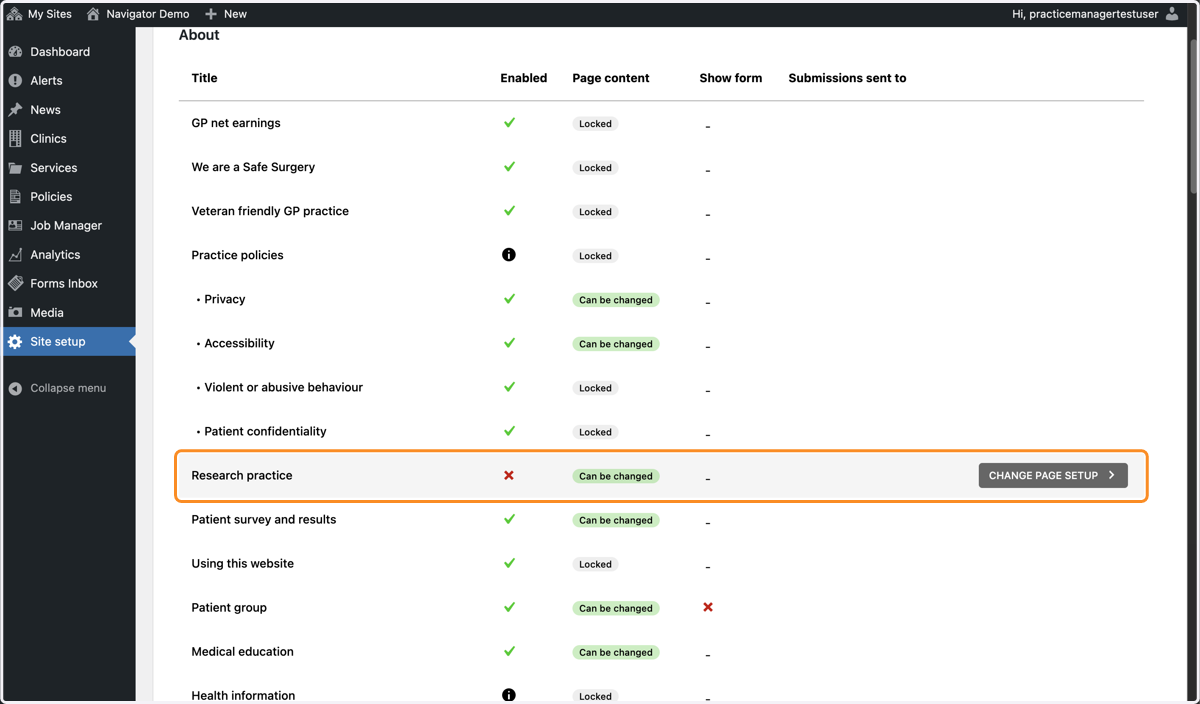 Site Setup in the Navigator Dashboard with the Research Practice page set as not visible.