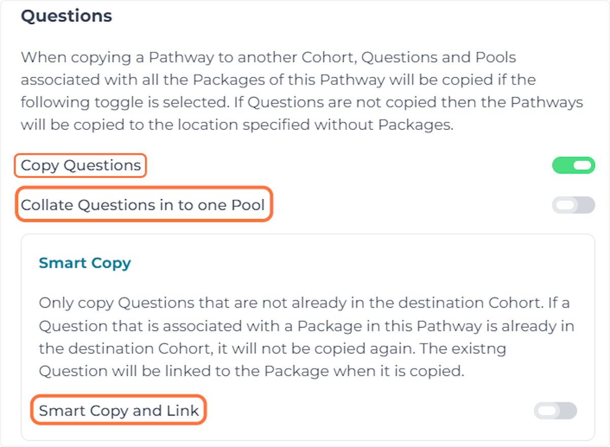 Select whether to copy Questions