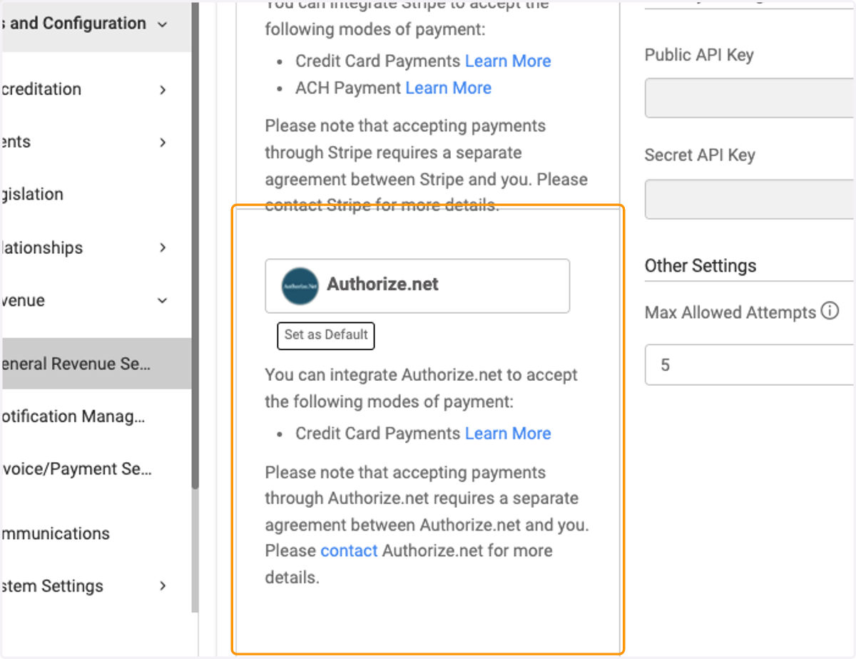 Choose your default processor, either Stripe or Authorize.net