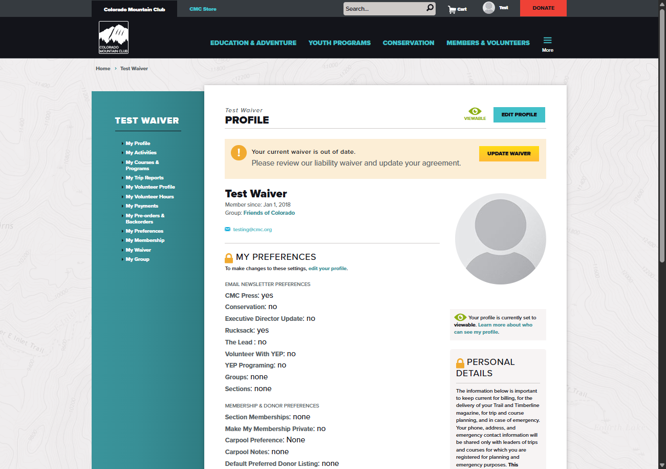 On your main profile page you'll see a yellow message at the top of the page letting you know your waiver is out of date. You will find the parker yellow button to the right that says "Update Waiver".