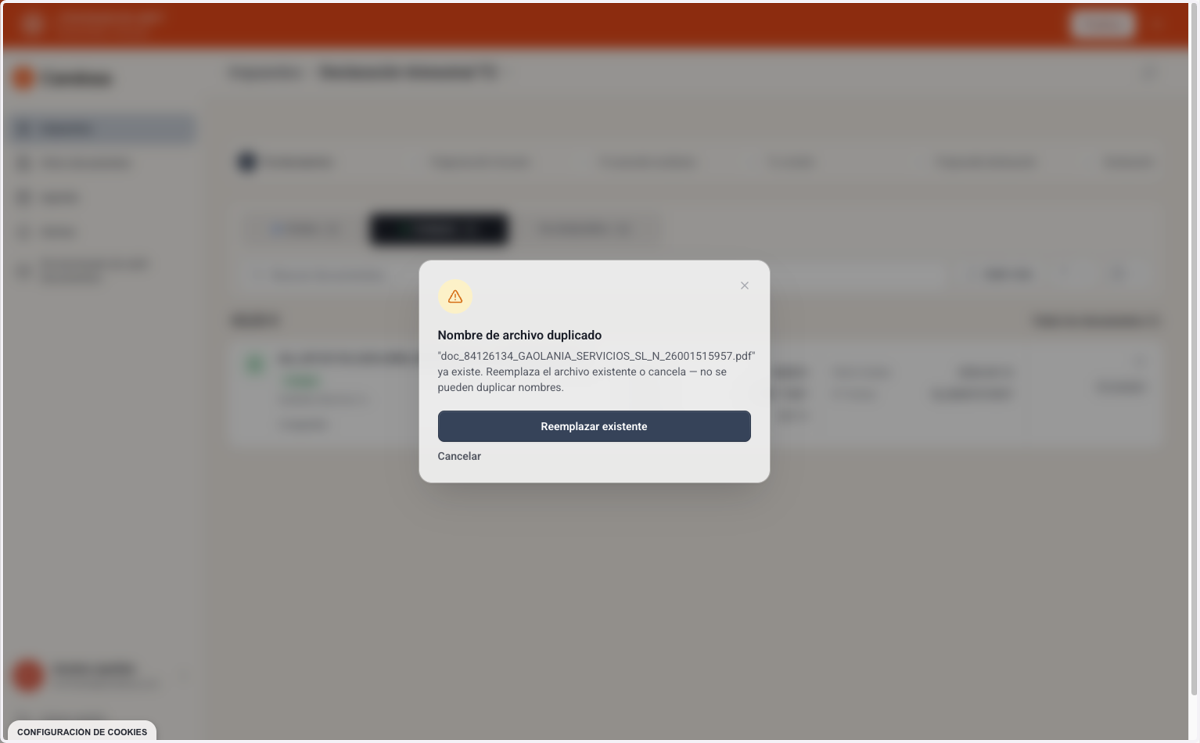 Si uno de tus documentos ya fue subido, la plataforma lo detectará automáticamente y te avisará.
