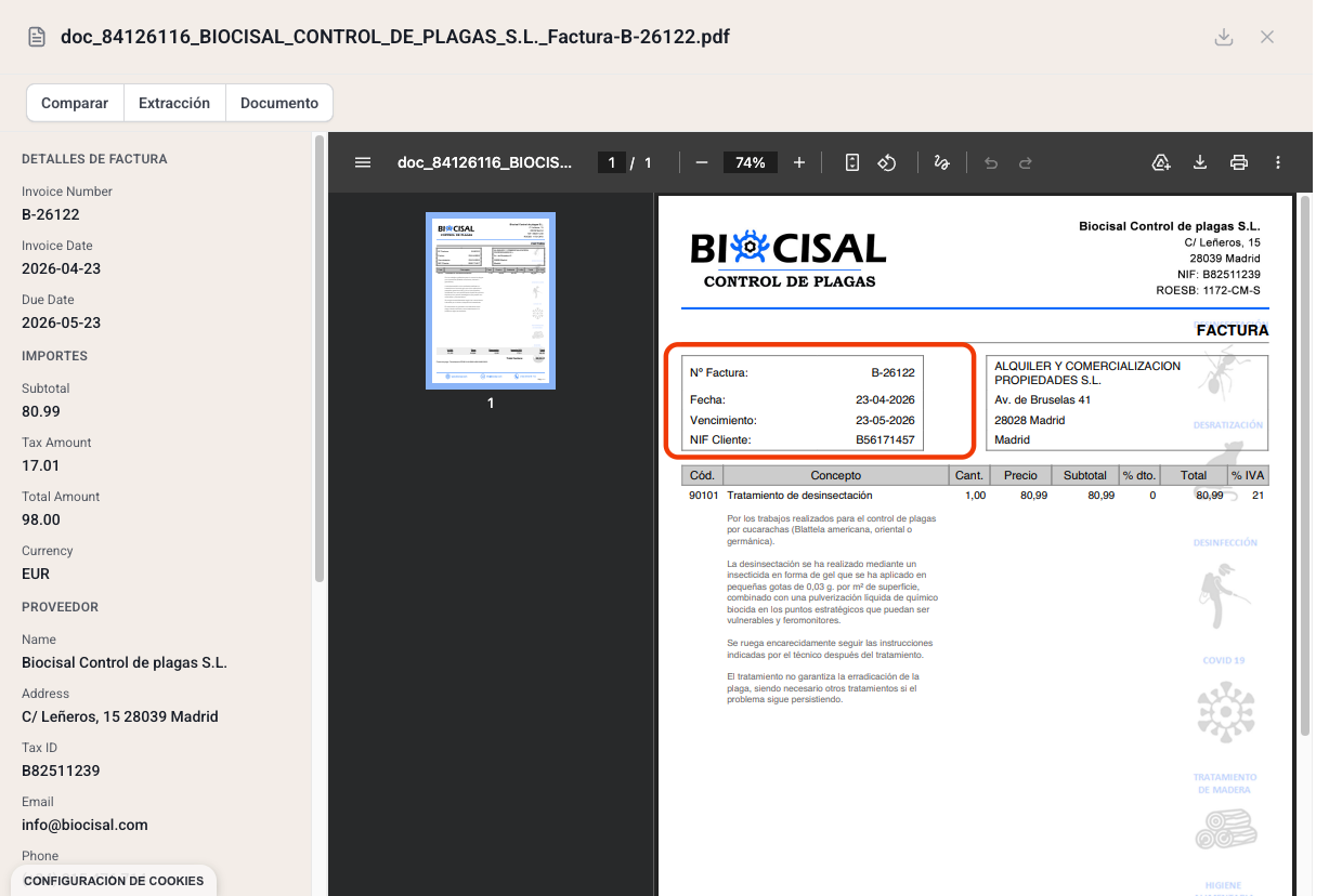 A. Haz click en "Comparar" para revisar que los datos leídos coincidan con tu factura original B. Aquí puedes ver lado a lado el documento original y los datos extraídos por Candosa