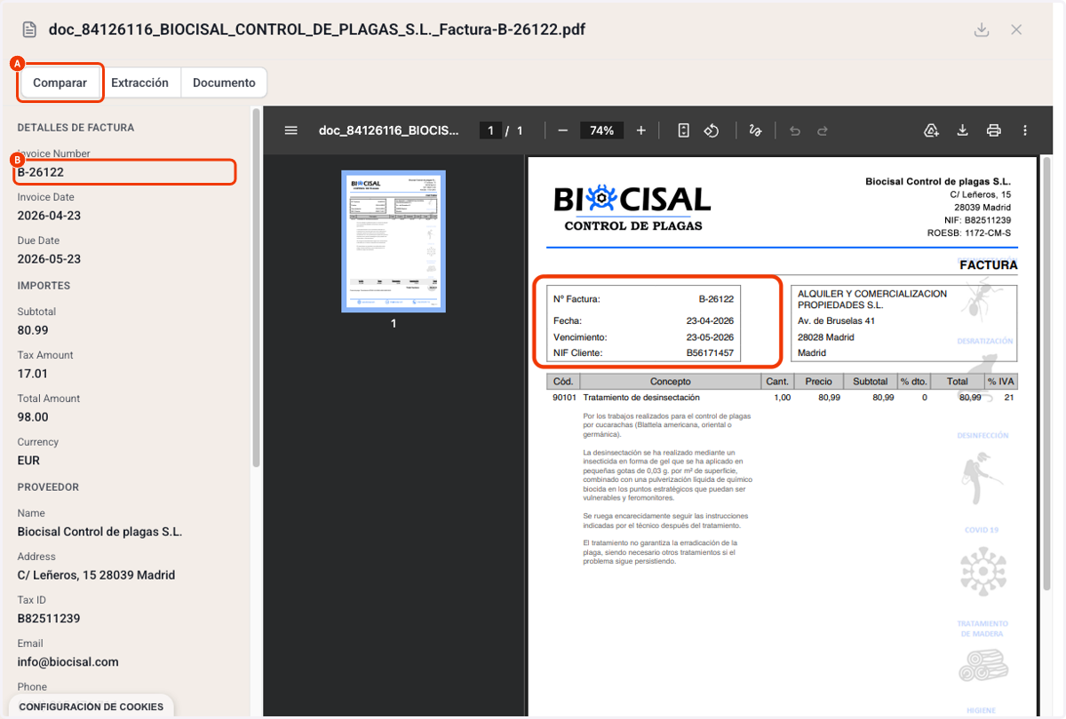A. Haz click en "Comparar" para revisar que los datos leídos coincidan con tu factura original B. Aquí puedes ver lado a lado el documento original y los datos extraídos por Candosa