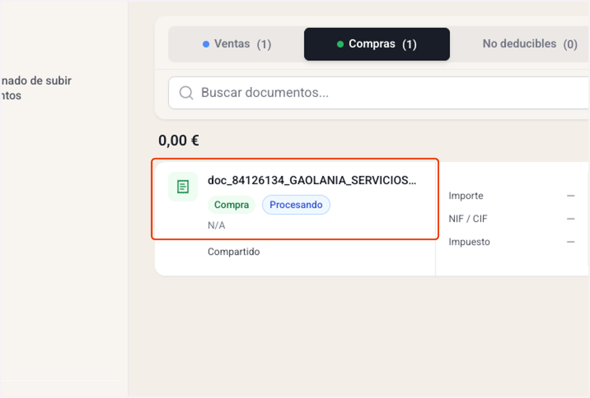 Sobre el estado de tu factura tras la subida: Si aparece como "Procesando", es completamente normal. Significa que estamos leyendo automáticamente los datos de tu factura. En unos segundos estará lista.