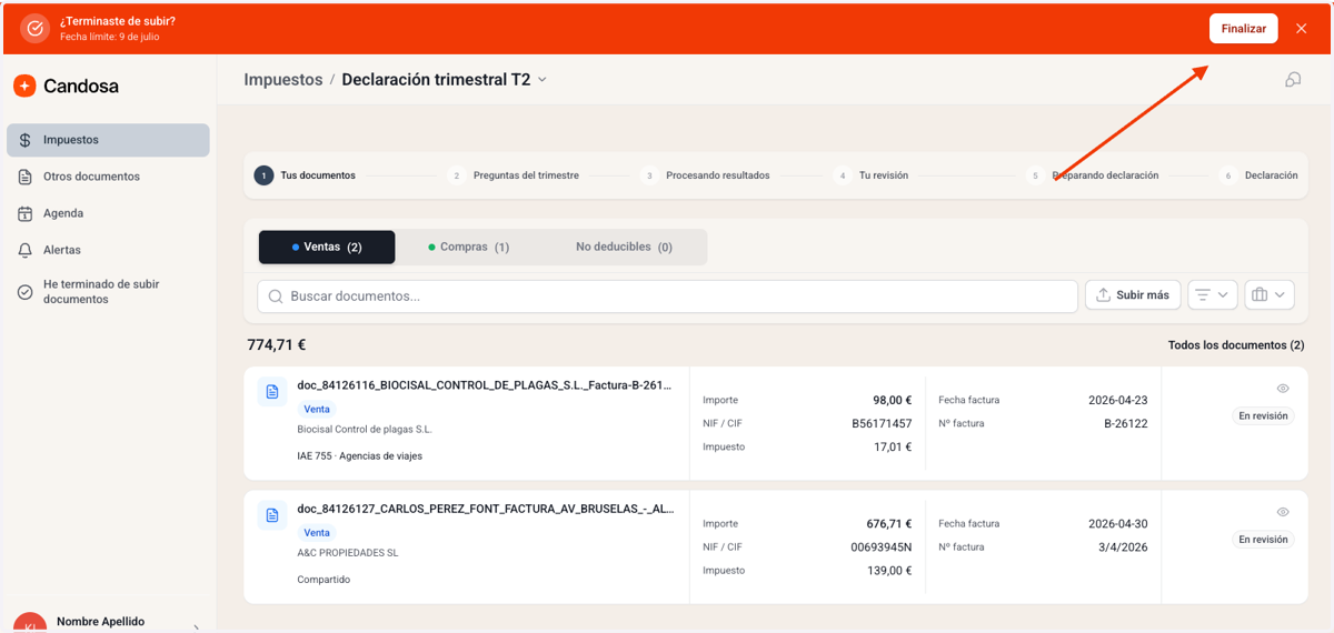 Cuando hayas subido todas tus facturas, haz click en "Finalizar" para avisar a tu gestor