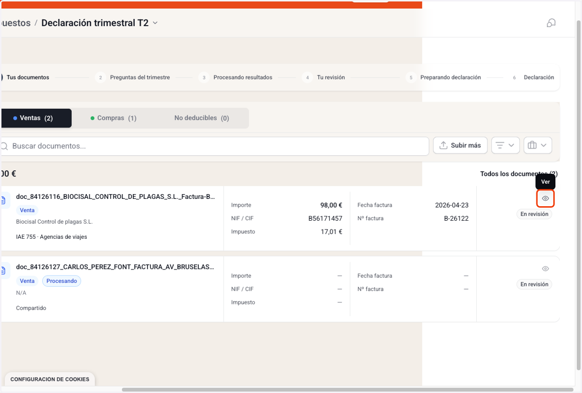 Si quieres revisar los datos leídos de tu factura, haz click en "Ver"