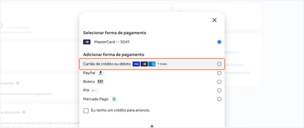 Click on Cartão de crédito ou débito…