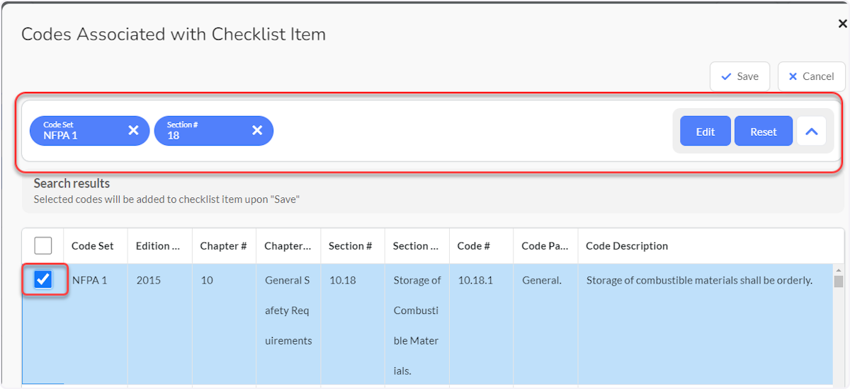 Select one or more codes to associate with the Checklist Item.