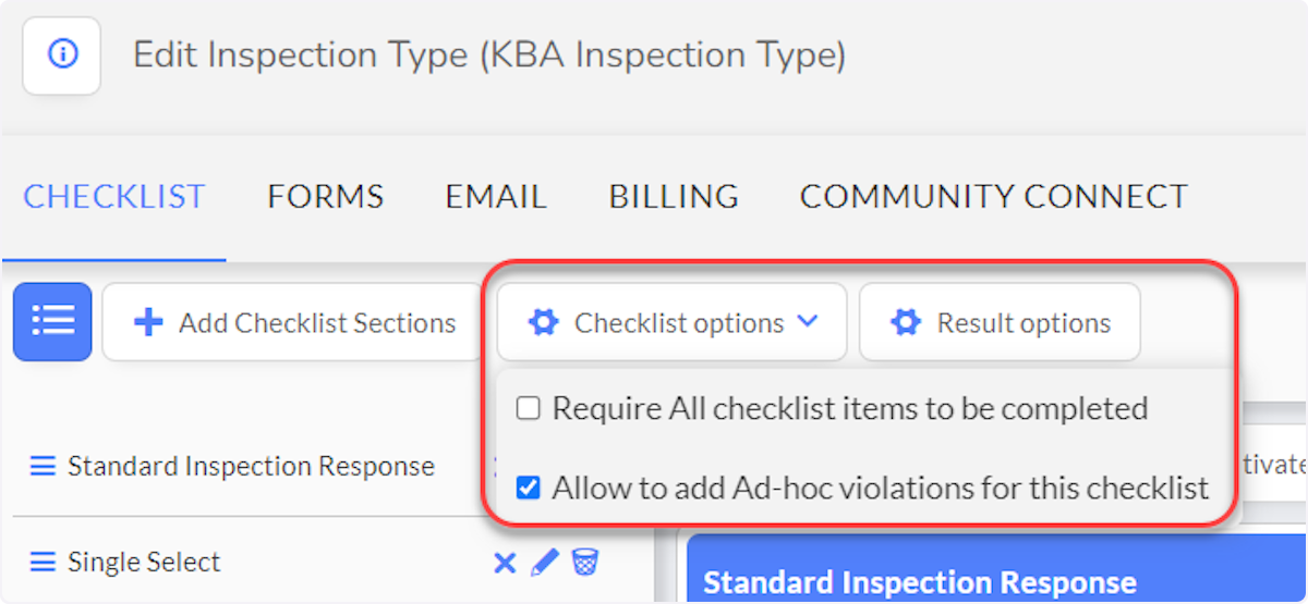 Checklist option - Check Allow to add Ad-hoc violations for this checklist.