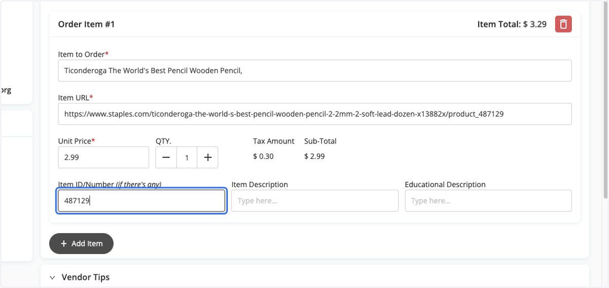 Add Item ID/Number