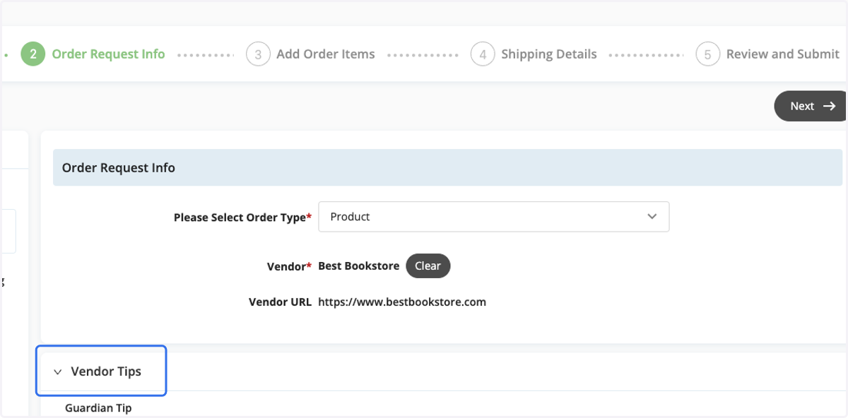 Click on Vendor Tips