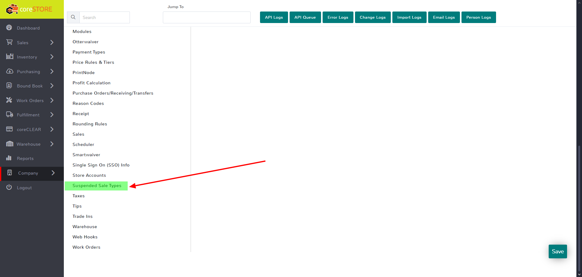 Locate the option labeled Suspended Sale Types in the settings menu.