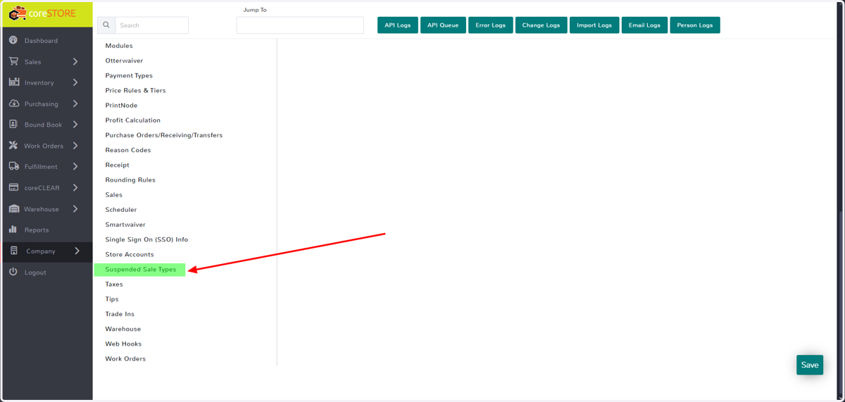 Locate the option labeled Suspended Sale Types in the settings menu.