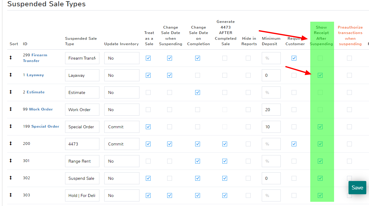 Check the box next to Show Receipt After Suspending to enable this feature.