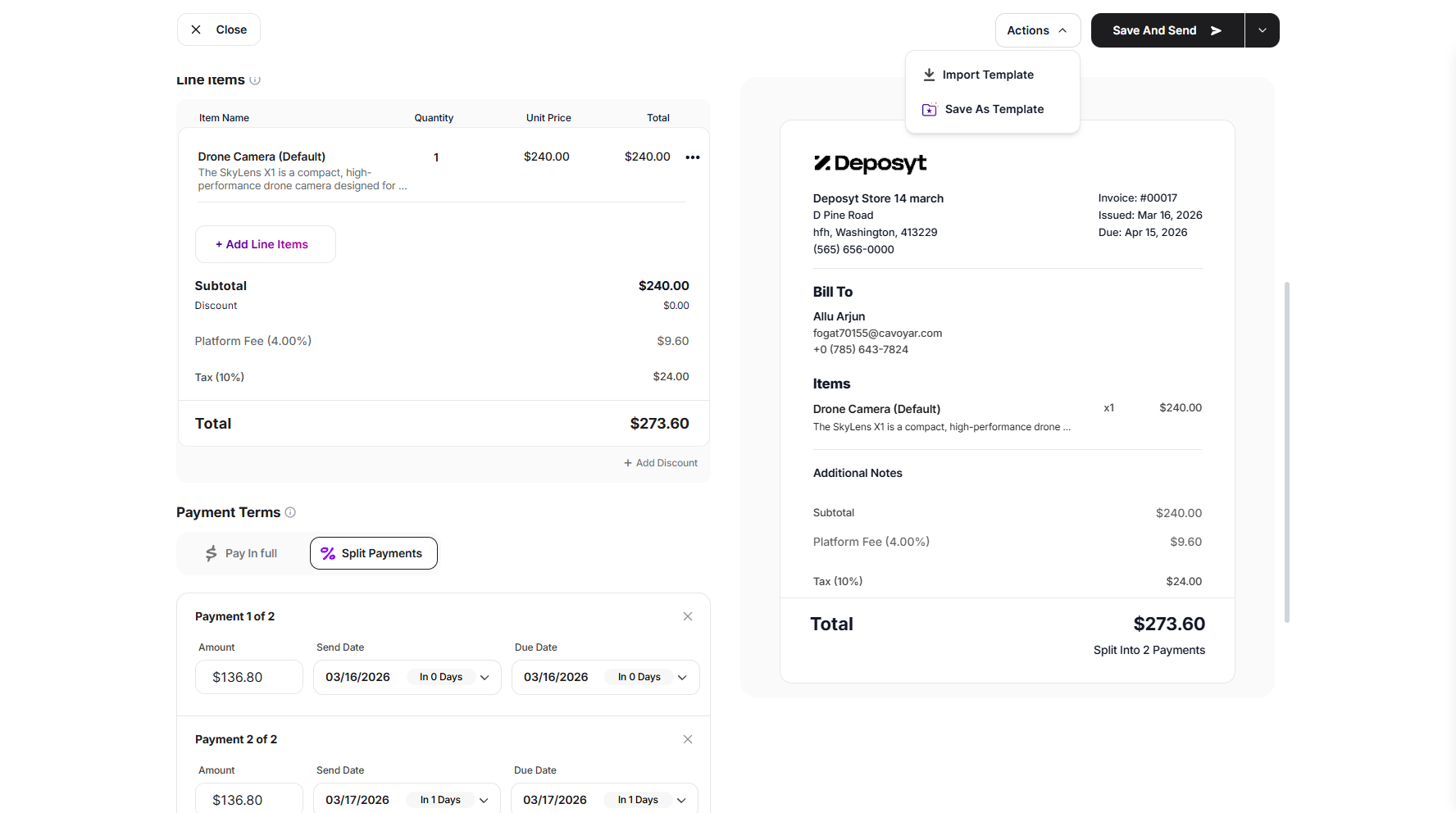 Step 11: You can then import a template or save your invoice as a template via the Actions dropdown menu.