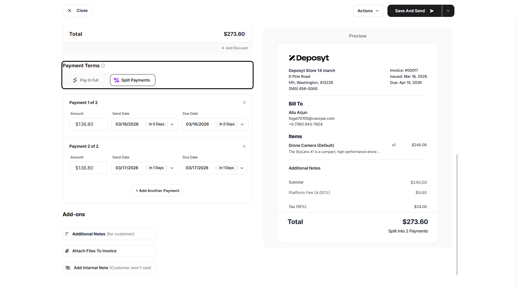 Step 9: The Payment Terms section allows you to choose between Pay in Full or Split Payments. If you select Split Payments, you will be prompted to set the quantity, and the system will automatically display the amount for each payment.
