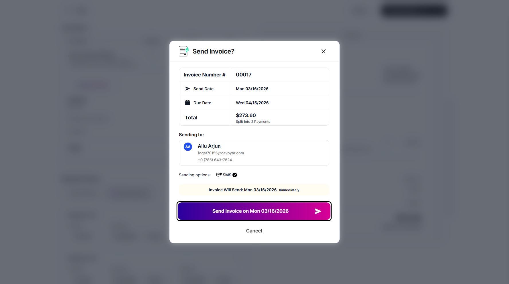 Step 15: Click the Send Invoice button to send it on the scheduled date.