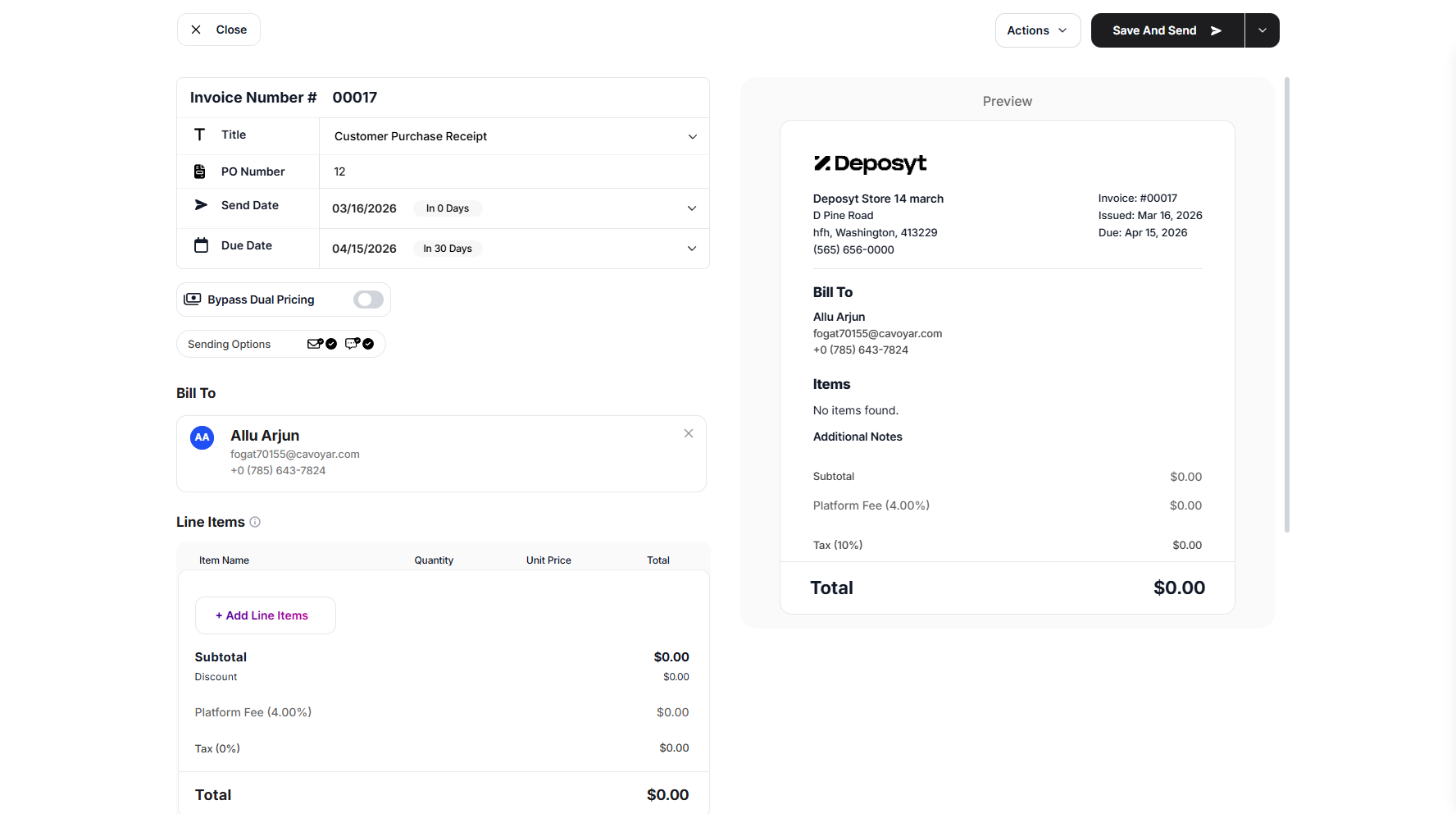 Step 5: Enter the invoice title, PO number, and set the send date and due date.