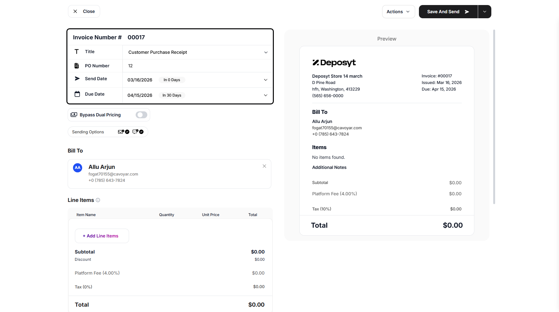 Step 5: Enter the invoice title, PO number, and set the send date and due date.