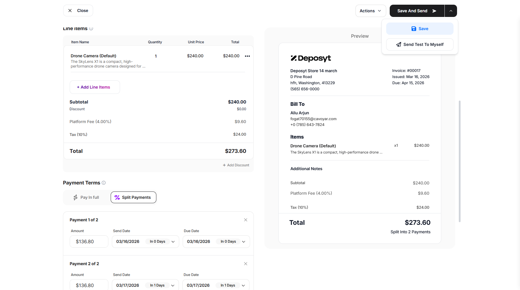 Step 12: There’s also a dropdown menu next to the Save and Send button that allows you to save your invoice or send a test to yourself.