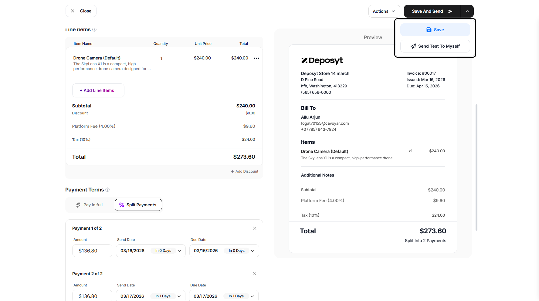 Step 12: There’s also a dropdown menu next to the Save and Send button that allows you to save your invoice or send a test to yourself.