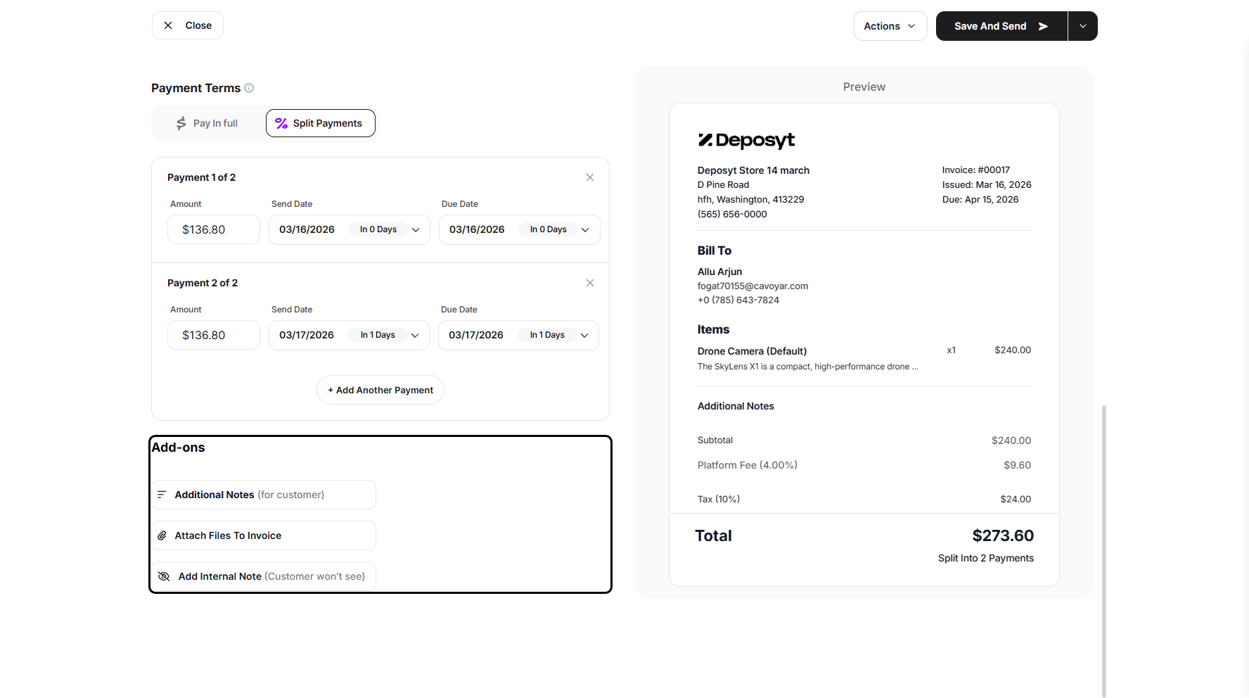 Step 10: Lastly is the Add-Ons section, where you can add additional notes, attach files to the invoice, and include internal notes as needed.