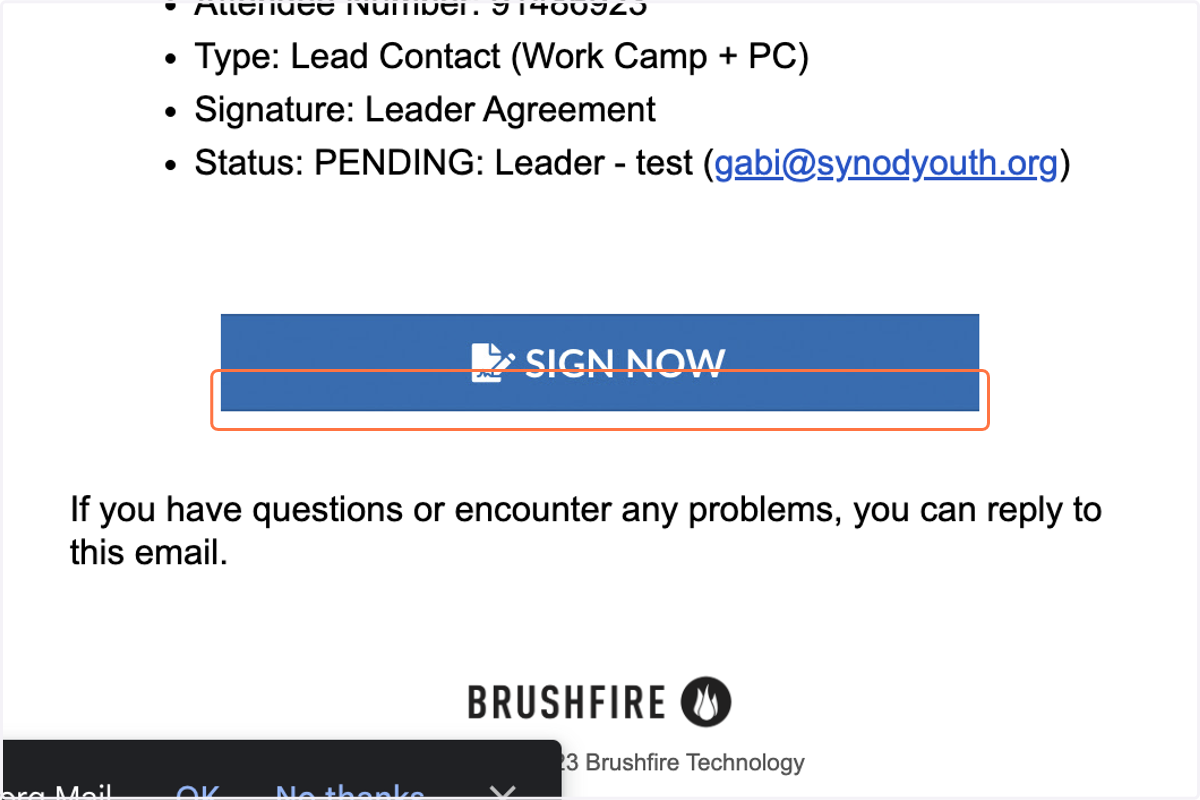 In the email, click on Sign Now