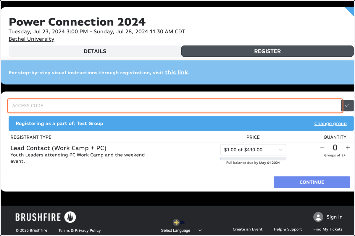 Click on Access Code (if applicable)