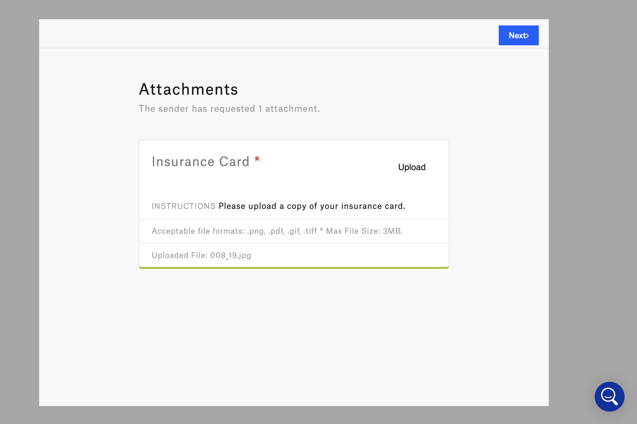 Upload a copy of your insurance card and click on Next