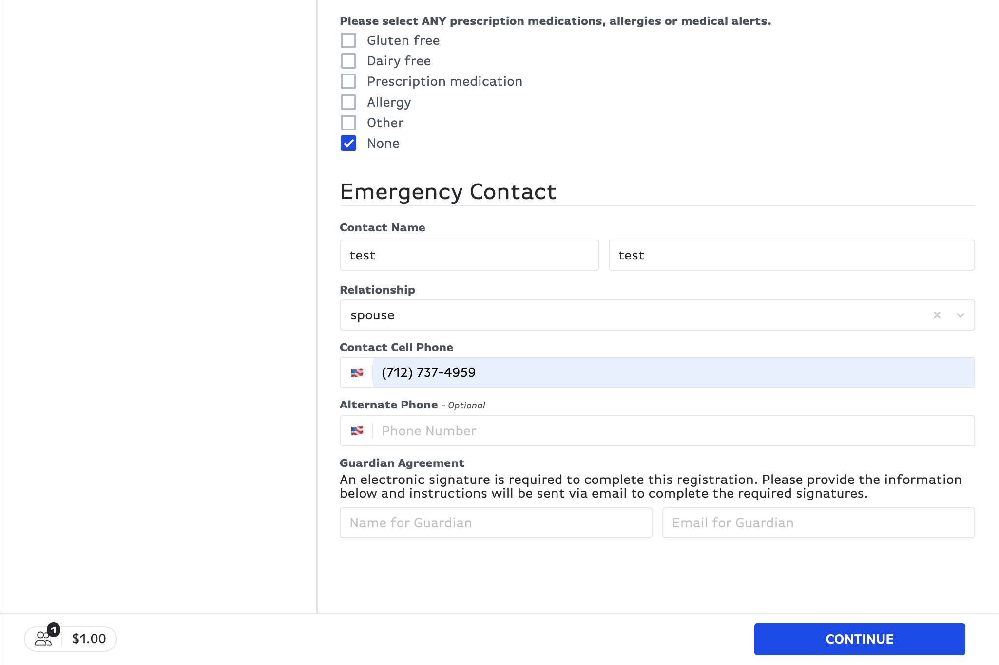 Type in the name of the guardian and their email that will sign the agreement form & upload a copy of your insurance card.