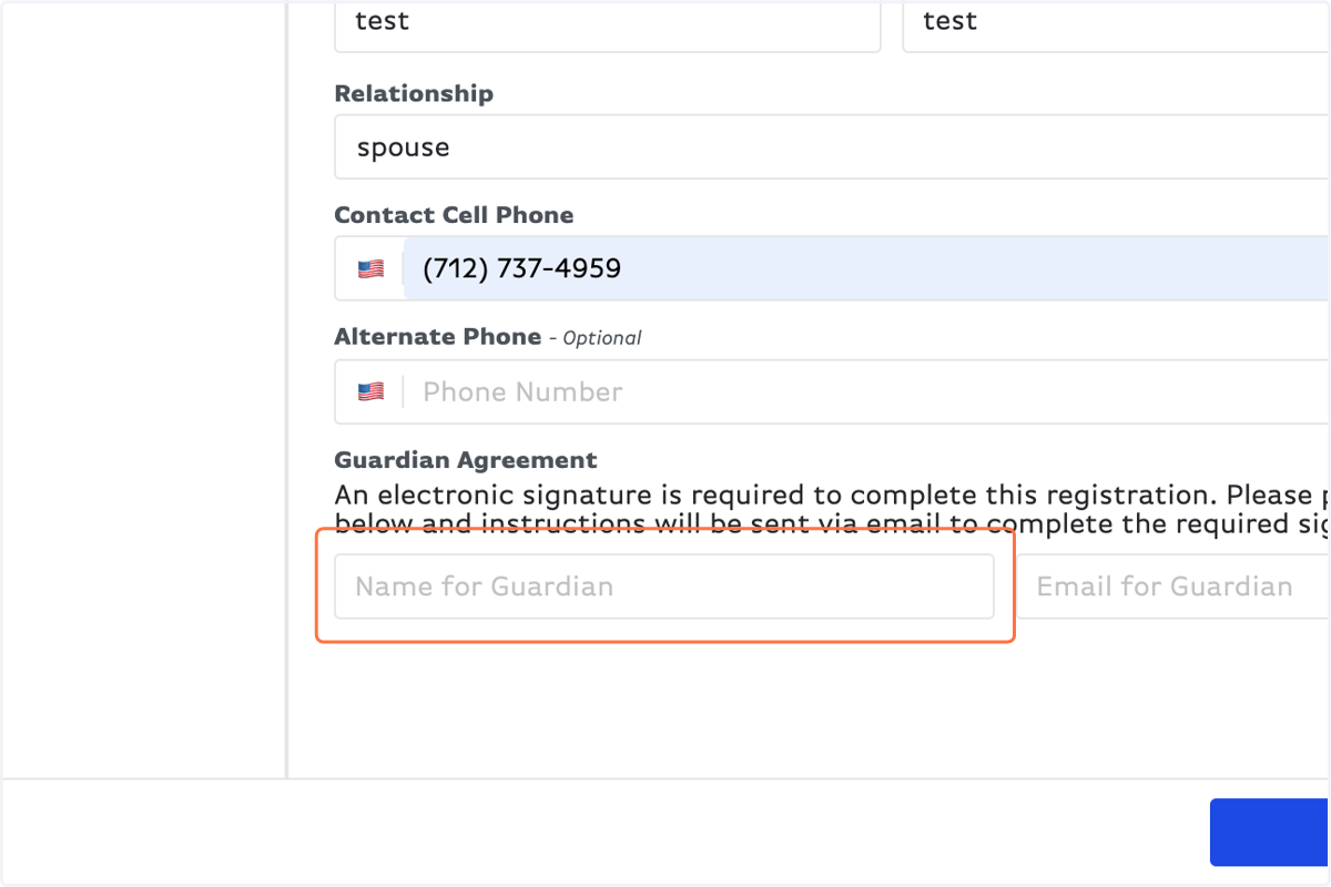 Type in the name of the guardian and their email that will sign the agreement form & upload a copy of your insurance card.