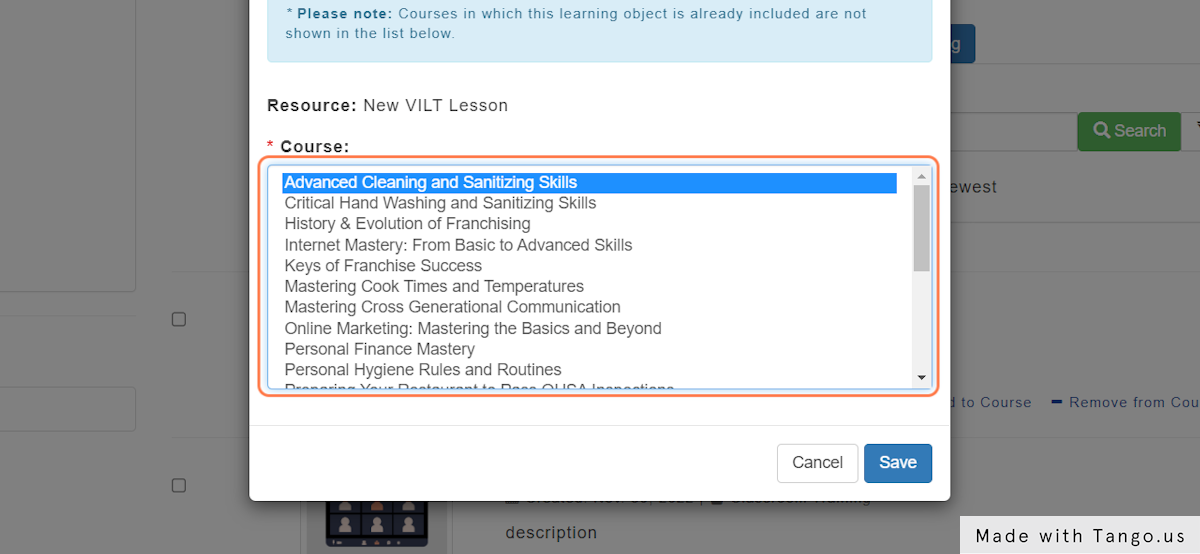 Select your Course from the List, and click save to Confirm