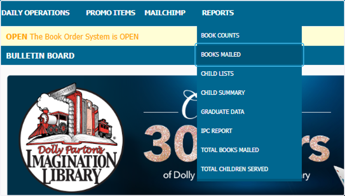 Click on BOOKS MAILED under REPORTS
