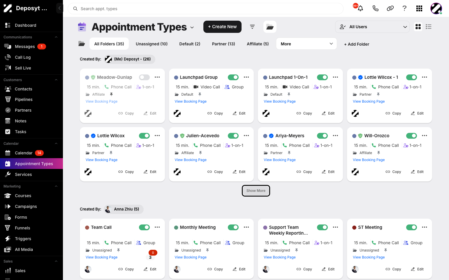 Step 3: Click the Show More button to display additional hidden appointment types.