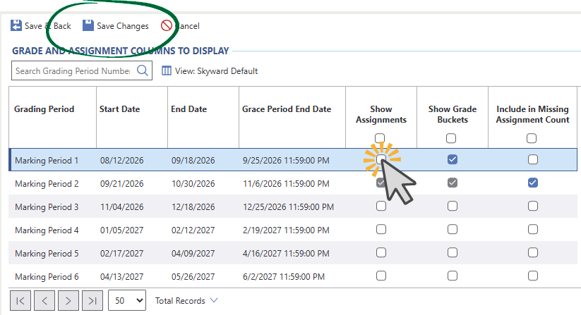 Select Show Assignments and/or Show Grade Buckets for the MP you want to hide or reveal. Choose Save Changes.