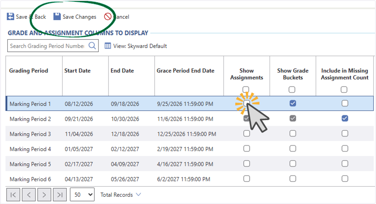 Select Show Assignments and/or Show Grade Buckets for the MP you want to hide or reveal. Choose Save Changes.