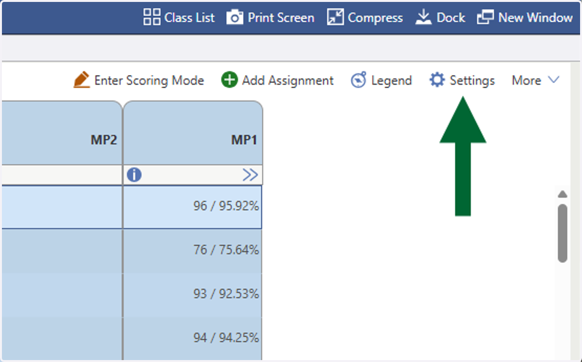 Select the Settings option for your Gradesheet