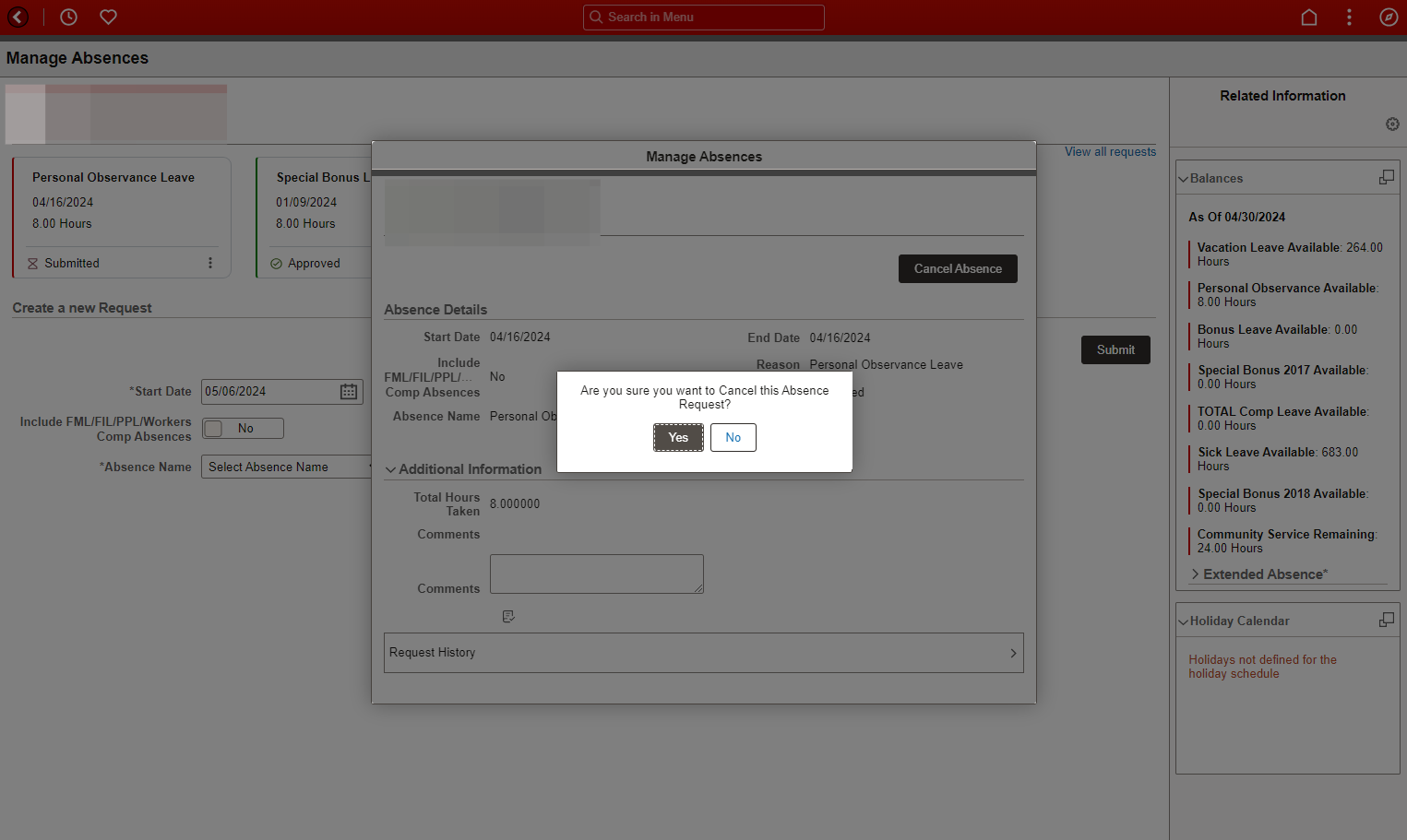Step 5: Select “Yes” on The “Cancel this Absence Request” Pop-up