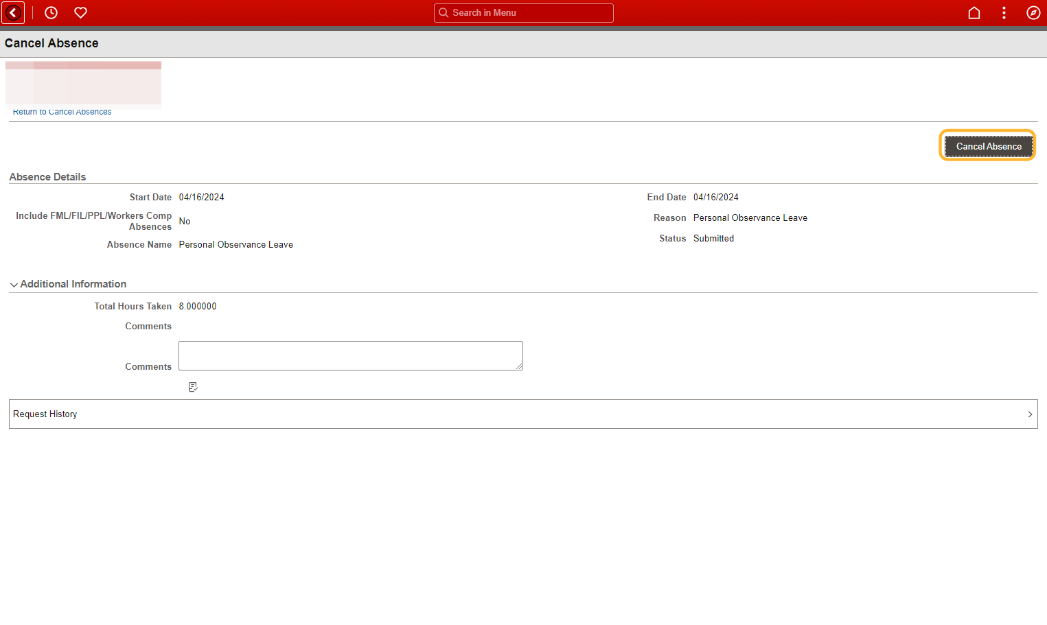Step 4: Reviewing Absence Request and Selecting Cancel