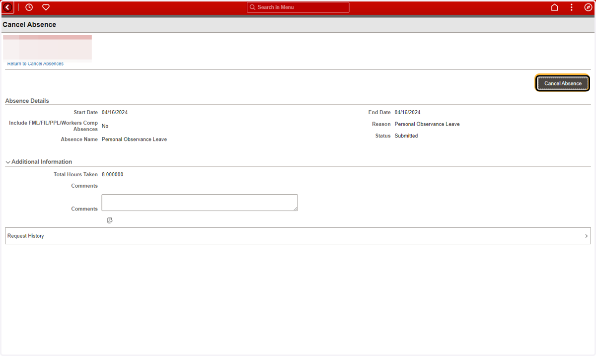 Step 4: Reviewing Absence Request and Selecting Cancel