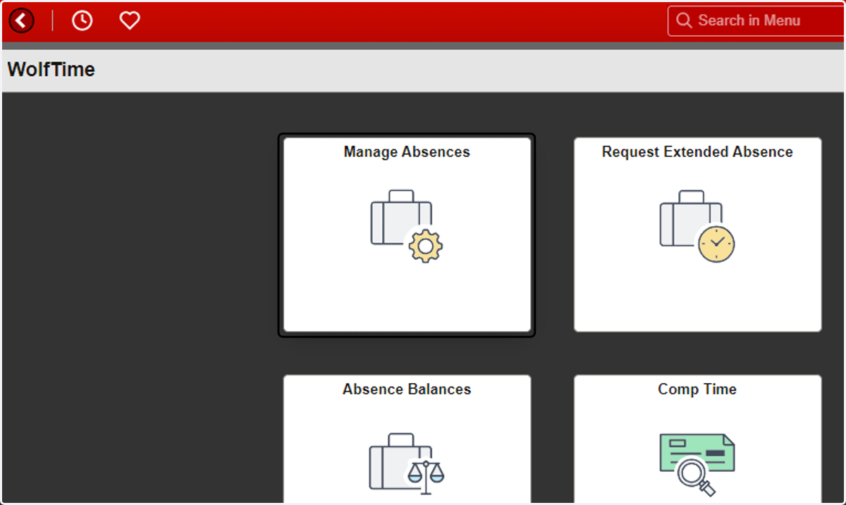 Method 2: Step 1: Click on Manage Absences Tile in WolfTime