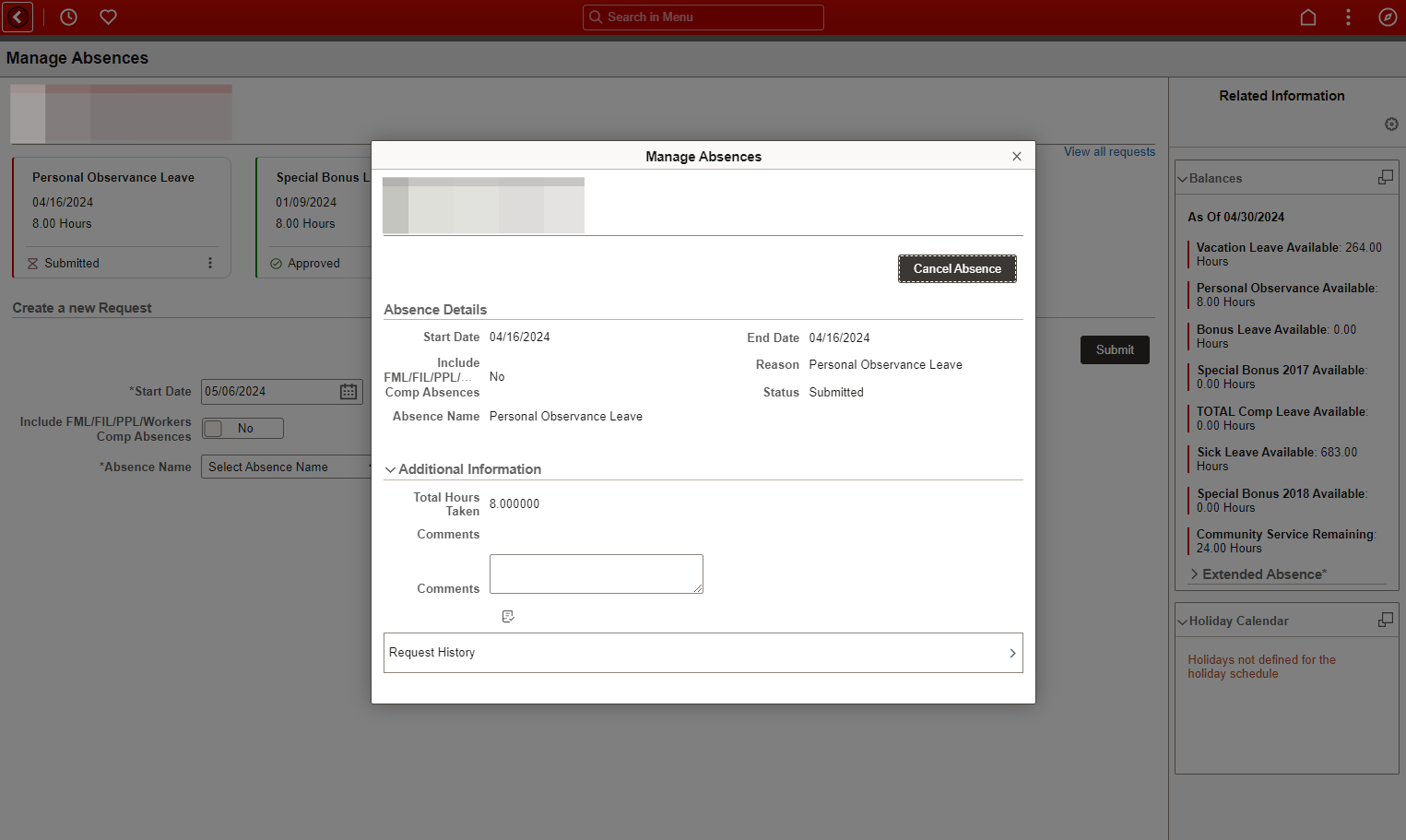 Step 4: Click on Cancel Absence