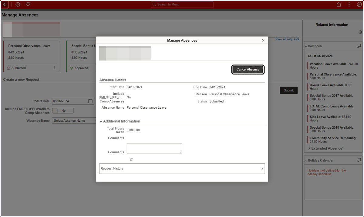 Step 4: Click on Cancel Absence