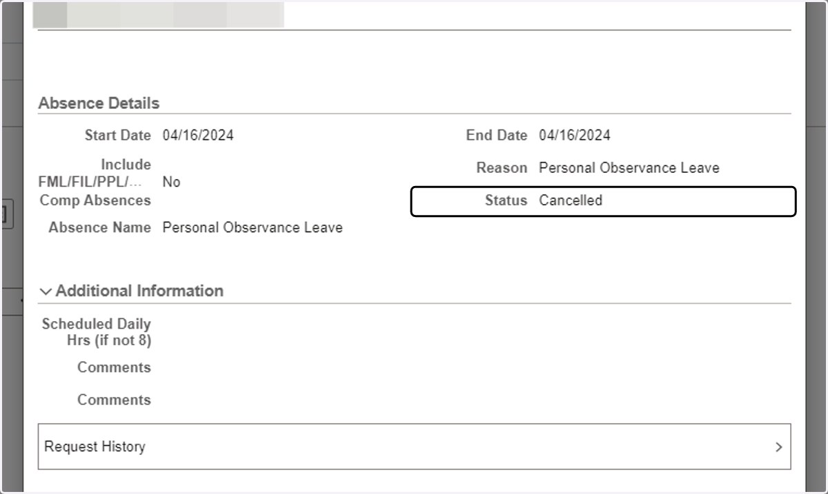 The previous actions lands you on the pop-up page with updated status as 'Cancelled'