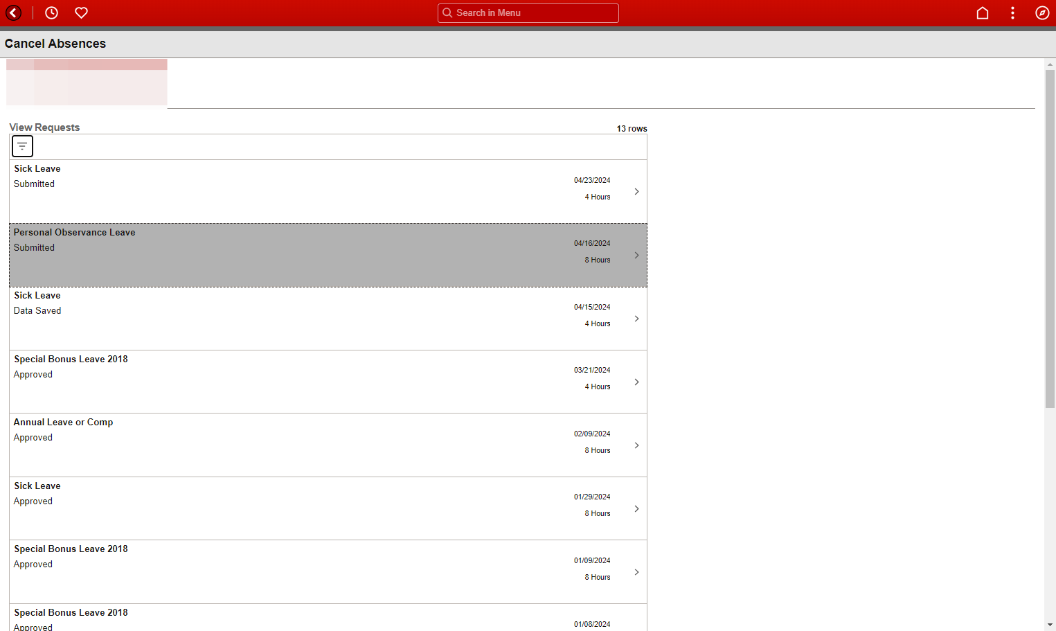 Step 3: Select Individual Absence to Cancel