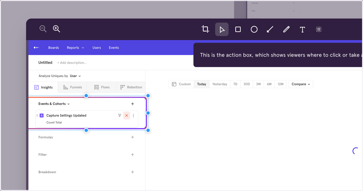 The Action Box will change to a modulating purple and orange, and by selecting it, you can move or resize it.