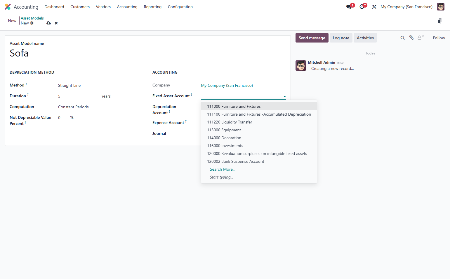 Select relevant Fixed Asset account. For example, Furniture and Fixtures