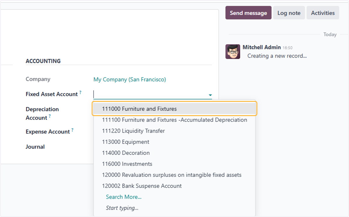 Select relevant Fixed Asset account. For example, Furniture and Fixtures