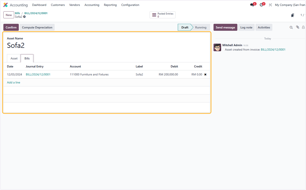 The generated bill is now linked to this asset.